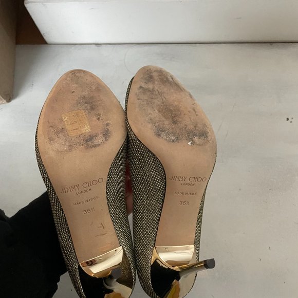Jimmy Choo Peep Toe Pumps Sz 36.5 Gold Glitter High Stiletto Heels - Picture 10 of 11